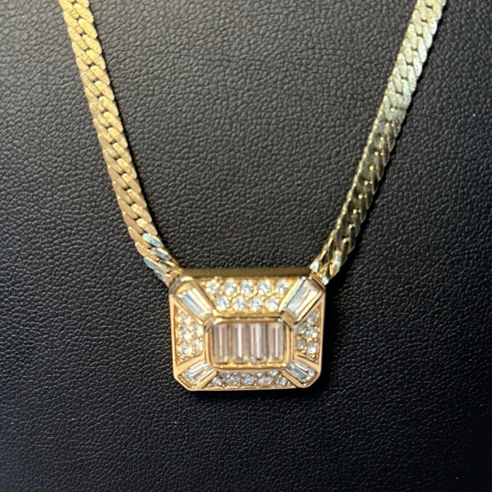 Vintage Christian Dior Baguette Rhinestone Rectangle Pendant Gold Chain Necklace